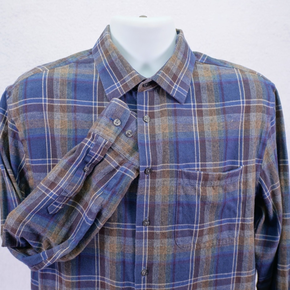 Joseph Abboud -Large- Brown Blue‎ Plaid Flannel Collared Dress Shirt Pocket